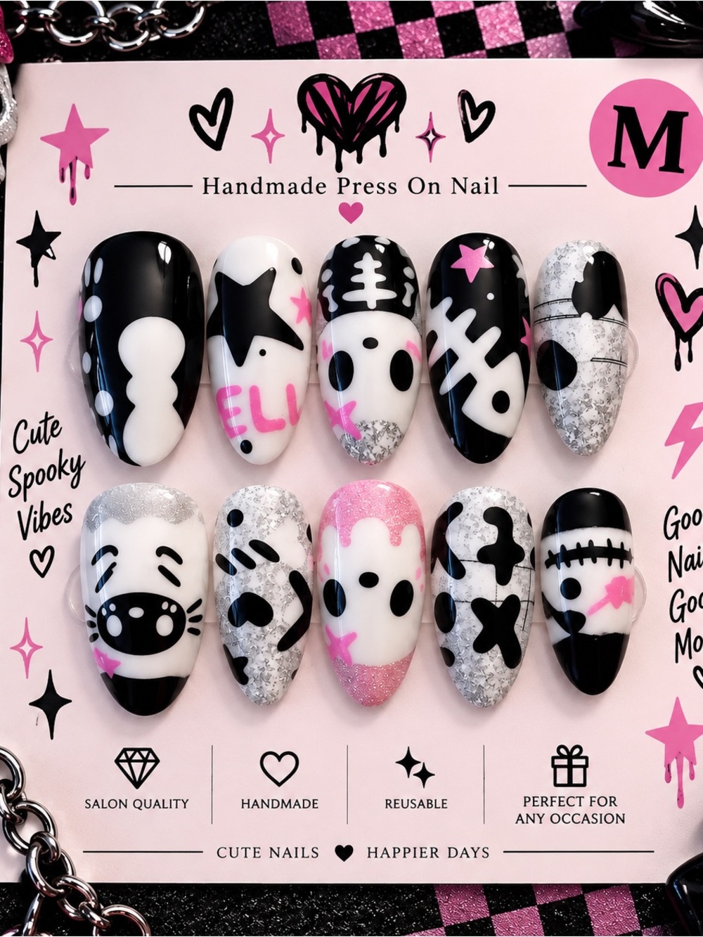 ๐ค๐ฉท Cute Spooky Pink & Black Press-On Nails โ Size Medium